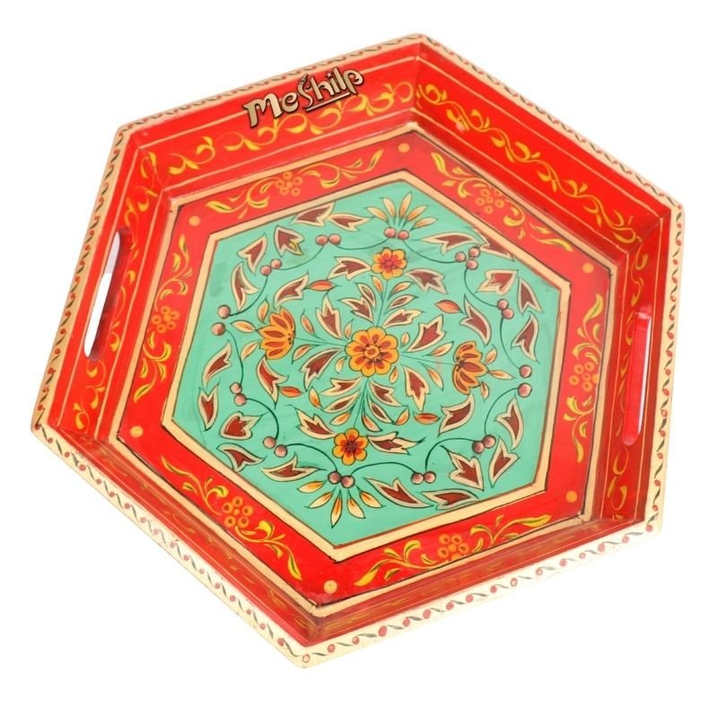 1-1.jpg Mango Wood Multicolored Six Corner Serving Tray - Image 1