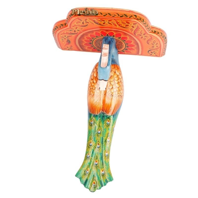 120-2.jpg Multi Color Hand Embossed Peacock Bird Wooden Wall Shelf - Image 1